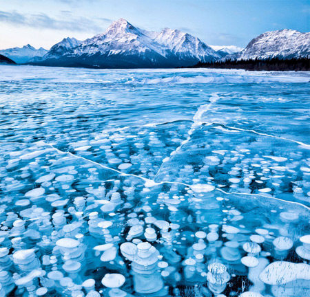 Пузыри под льдом водохранилища Эйбрахам в Канаде